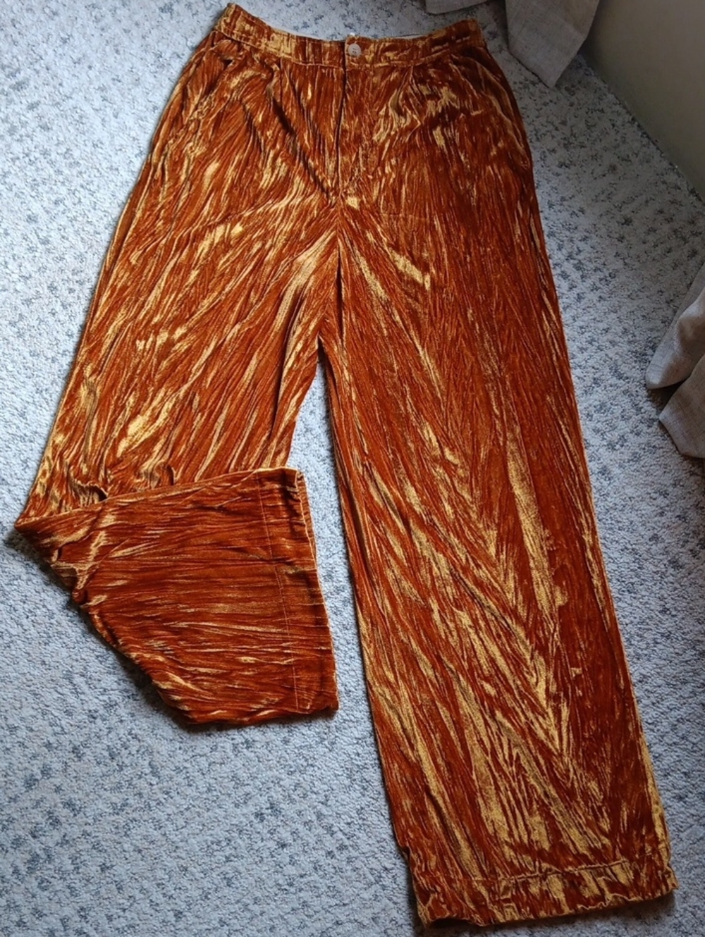 Free People High Waisted Wide Leg Crushed Velvet Pants - Rust/Gold.